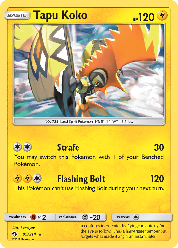Tapu Koko 85/214 English Pokémon card from Lost Thunder (2018)