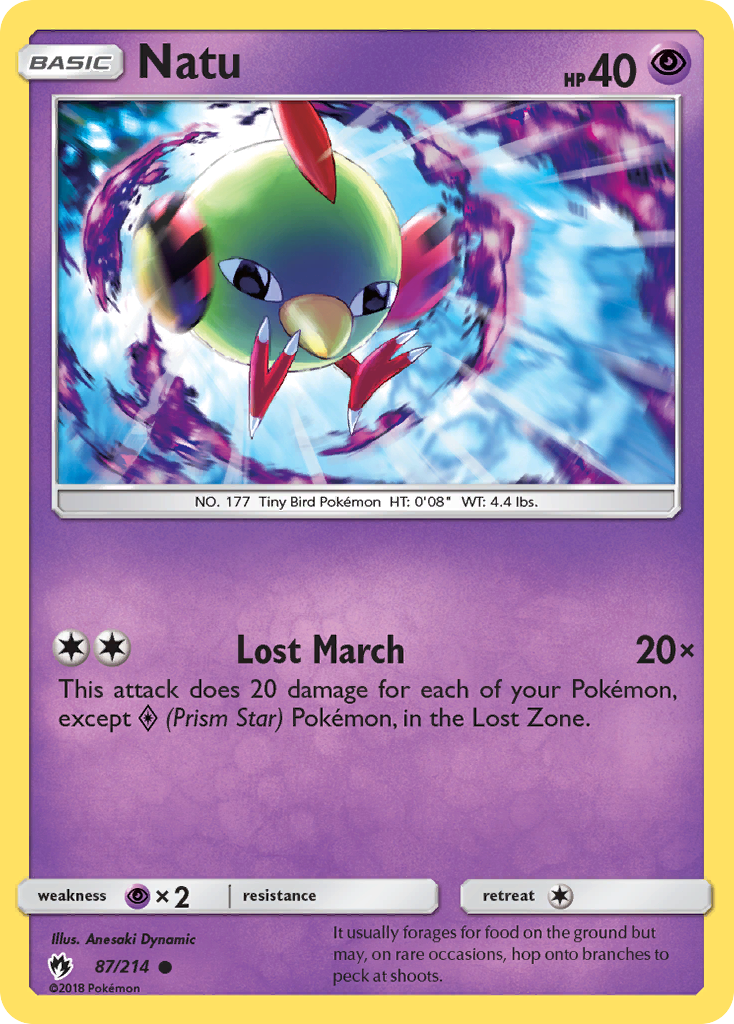 Natu 87/214 English Pokémon card from Lost Thunder (2018)