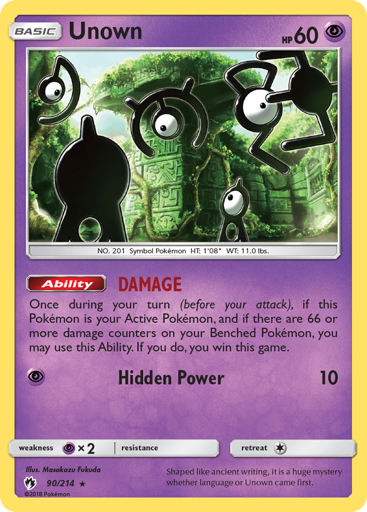 Unown 90/214 English Pokémon card from Lost Thunder (2018)