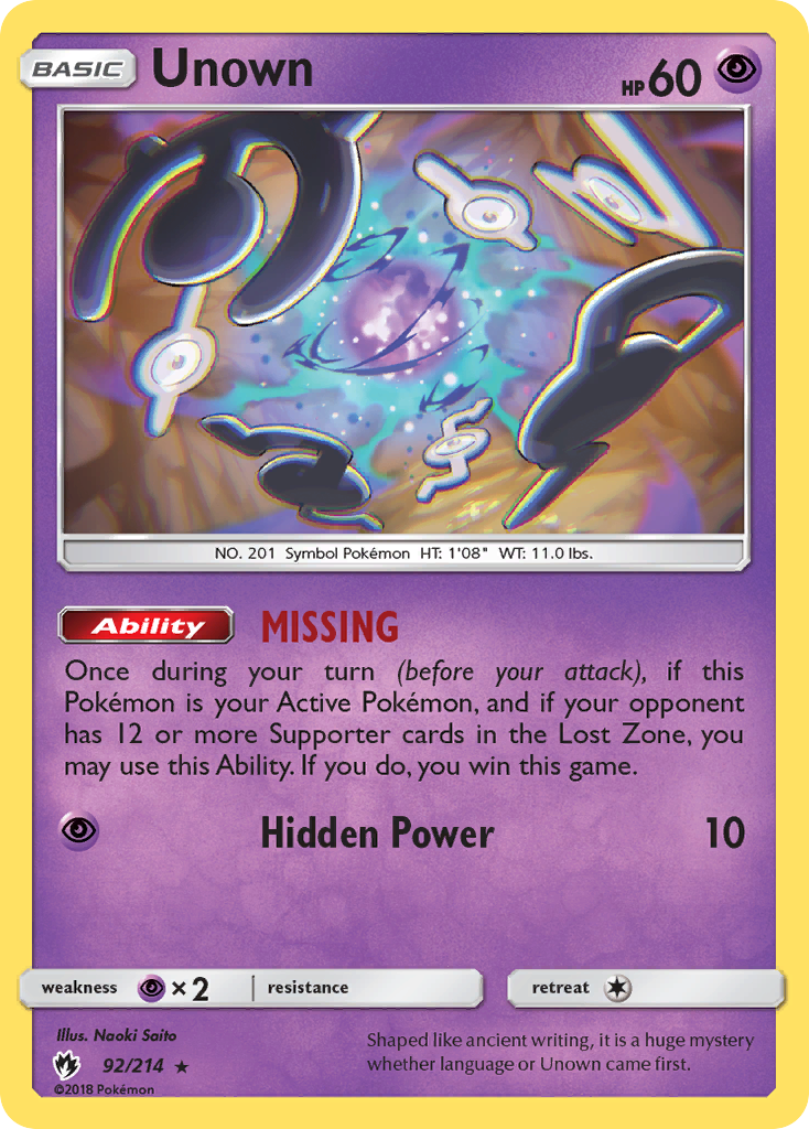 Unown 92/214 English Pokémon card from Lost Thunder (2018)