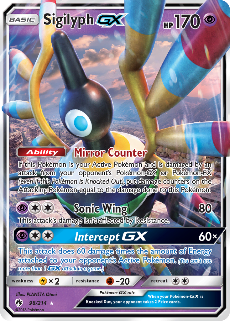 Sigilyph-GX 98/214 English Pokémon card from Lost Thunder (2018)
