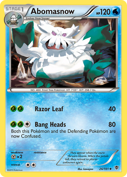 Abomasnow 26/101 Pokémon card from Plasma Blast (2013), English Uncommon
