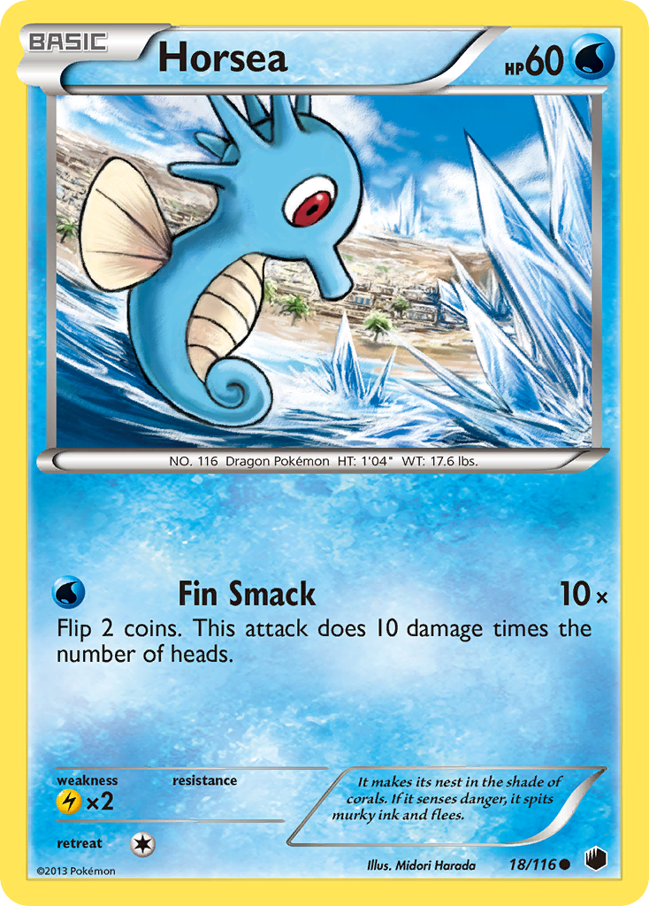 Horsea 18/116 Pokémon card from Plasma Freeze (2013), English Common