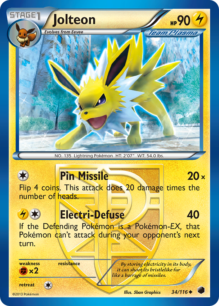 Jolteon 34/116 Pokémon card from Plasma Freeze (2013), English Uncommon