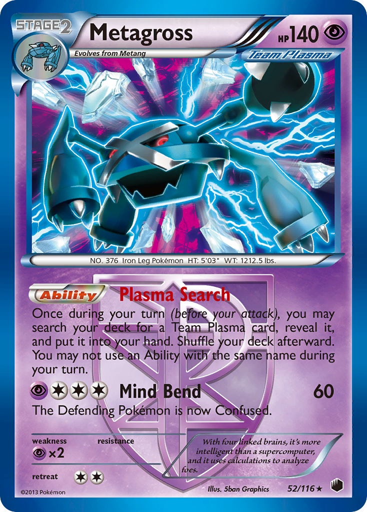 Metagross 52/116 Pokémon card from Plasma Freeze (2013), English Rare Holo