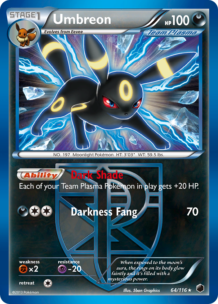 Umbreon 64/116 Pokémon card from Plasma Freeze (2013), English Rare Holo