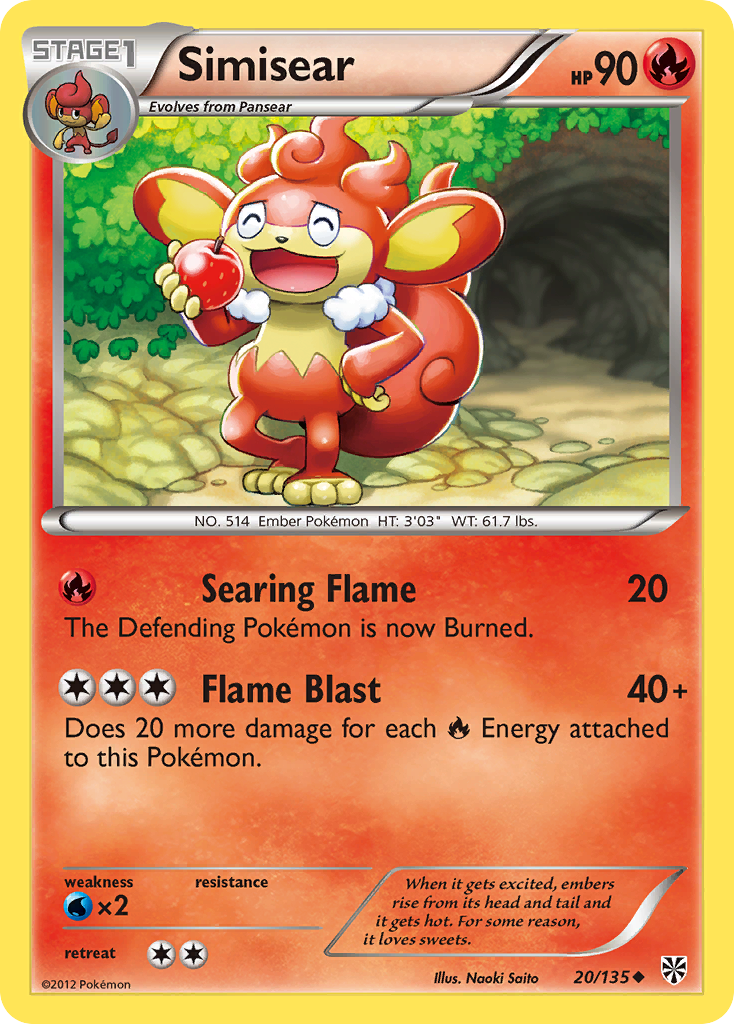 Simisear 20/135 Pokémon card from Plasma Storm (2013), English Uncommon