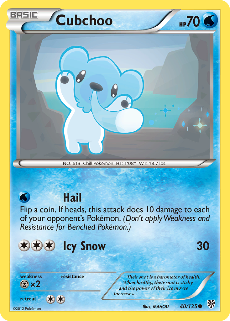 Cubchoo 40/135 Pokémon card from Plasma Storm (2013), English Common