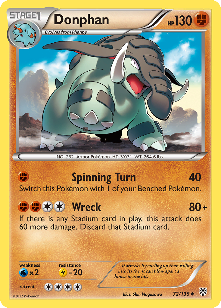 Donphan 72/135 Pokémon card from Plasma Storm (2013), English Uncommon