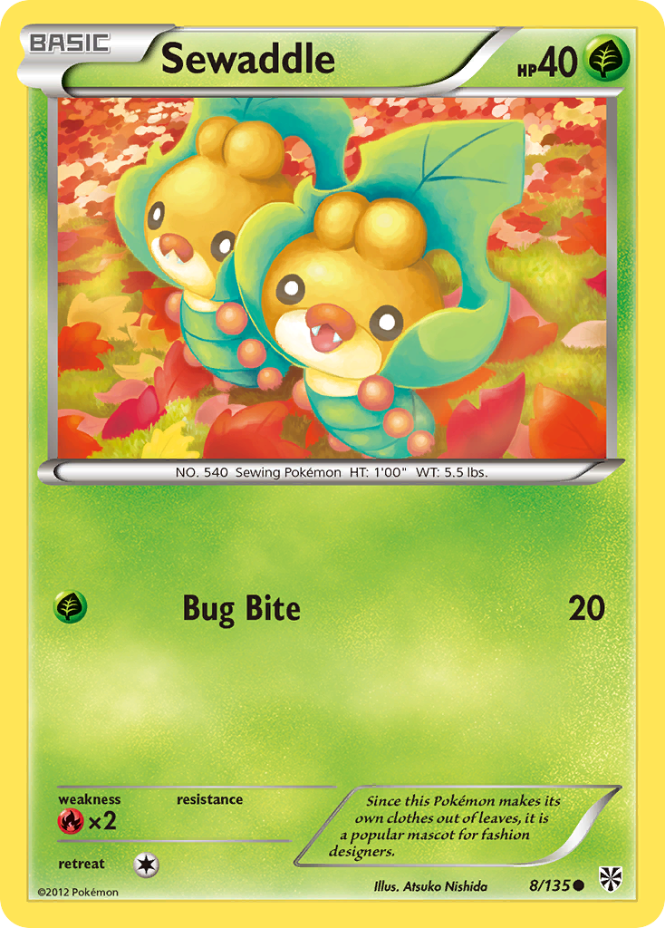 Sewaddle 8/135 Pokémon card from Plasma Storm (2013), English Common