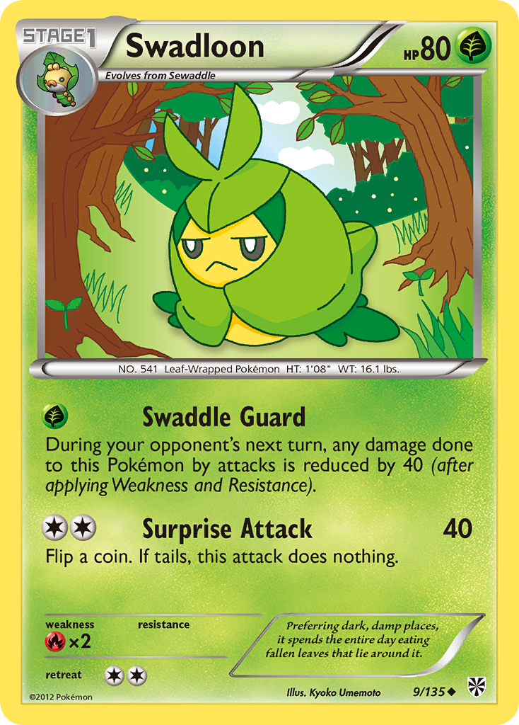 Swadloon 9/135 Pokémon card from Plasma Storm (2013), English Uncommon