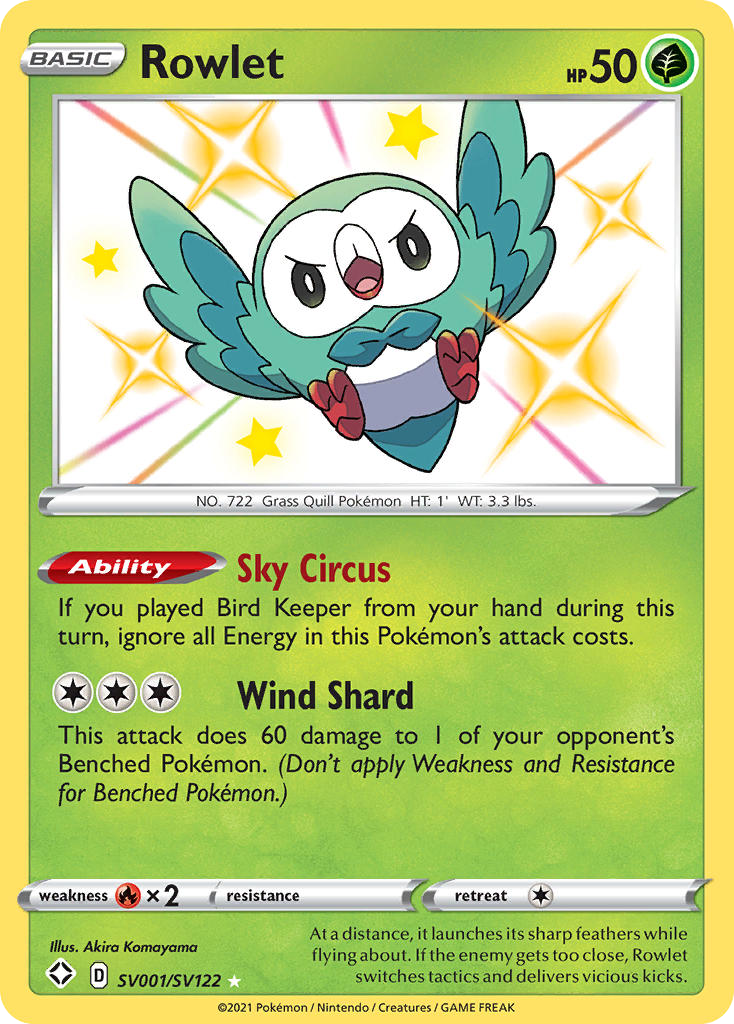 Rowlet SV001/SV122 English Pokémon card from Shining Fates Shiny Vault (2021)