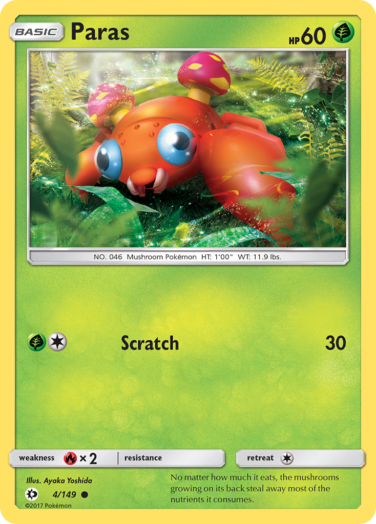 Paras 4/149 English Pokémon card from Sun & Moon (2017)