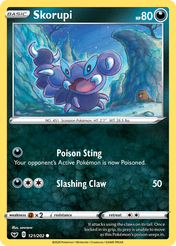Skorupi 121/202 English Pokémon card from Sword & Shield (2020)