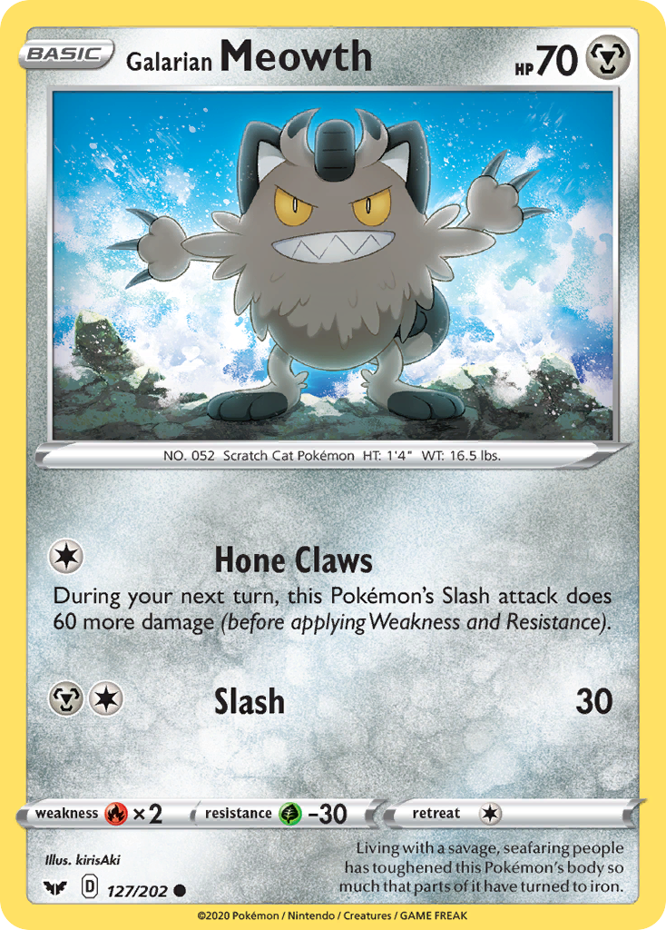 Galarian Meowth 127/202 English Pokémon card from Sword & Shield (2020)