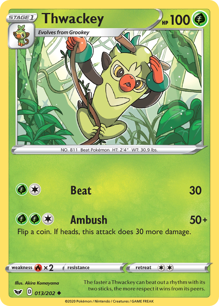 Thwackey 13/202 English Pokémon card from Sword & Shield (2020)
