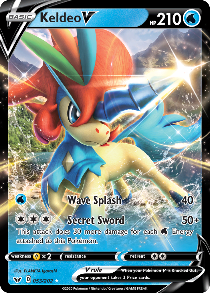Keldeo V 53/202 English Pokémon card from Sword & Shield (2020)