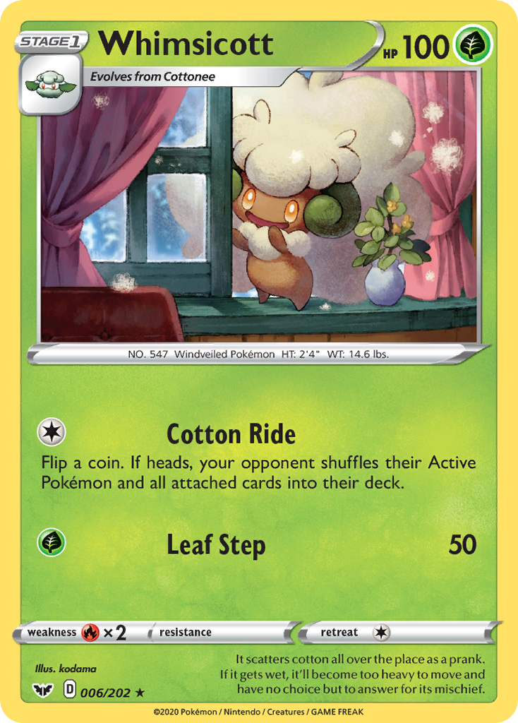 Whimsicott 6/202 English Pokémon card from Sword & Shield (2020)