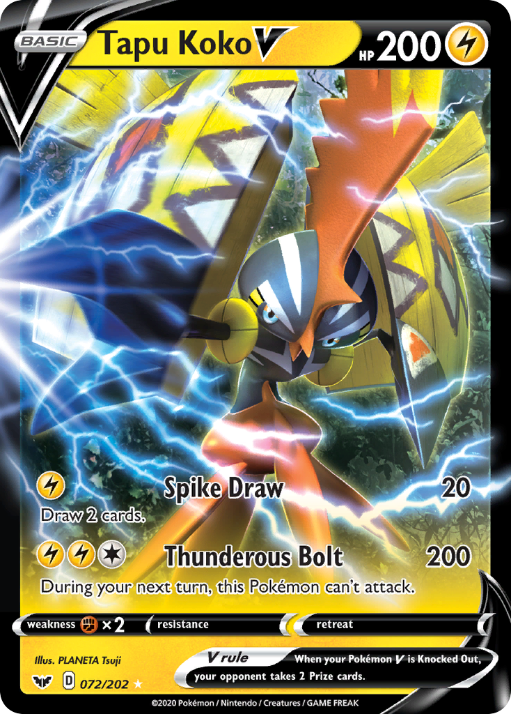 Tapu Koko V 72/202 English Pokémon card from Sword & Shield (2020)