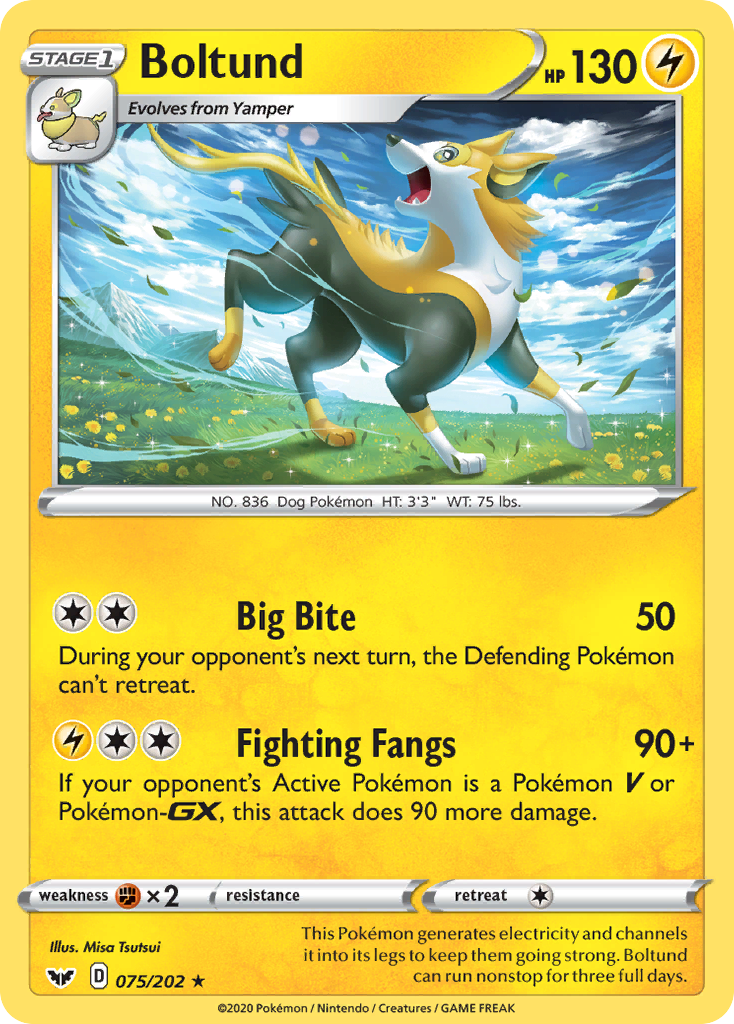 Boltund 75/202 English Pokémon card from Sword & Shield (2020)