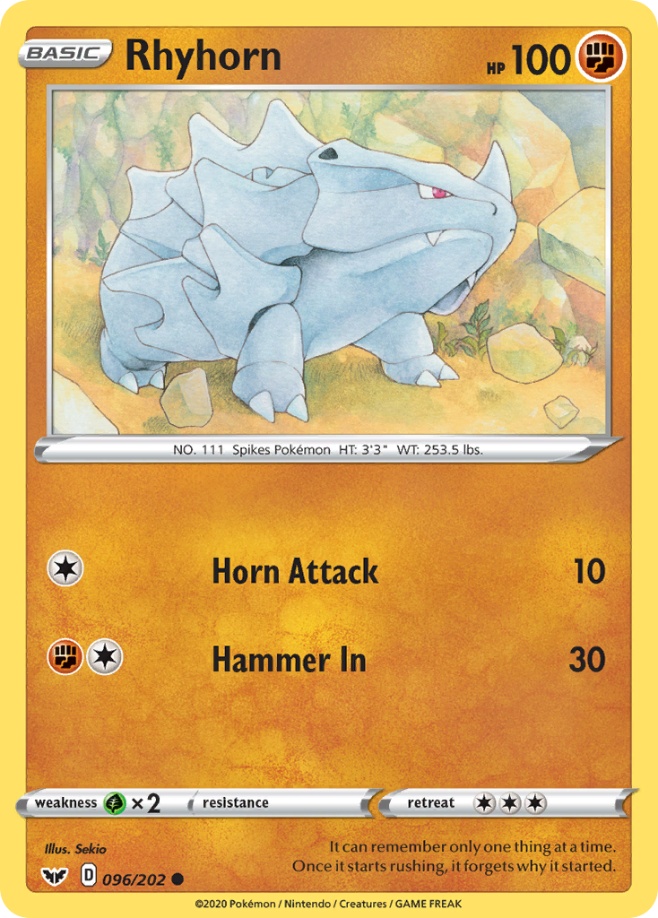 Rhyhorn 96/202 English Pokémon card from Sword & Shield (2020)