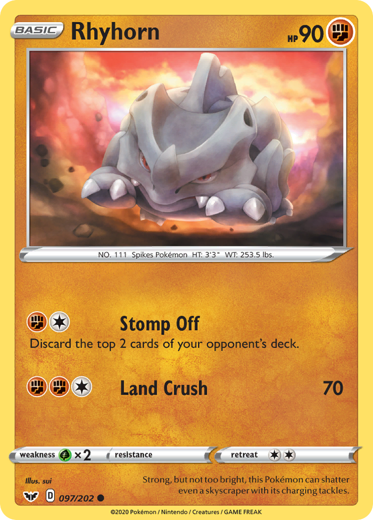 Rhyhorn 97/202 English Pokémon card from Sword & Shield (2020)
