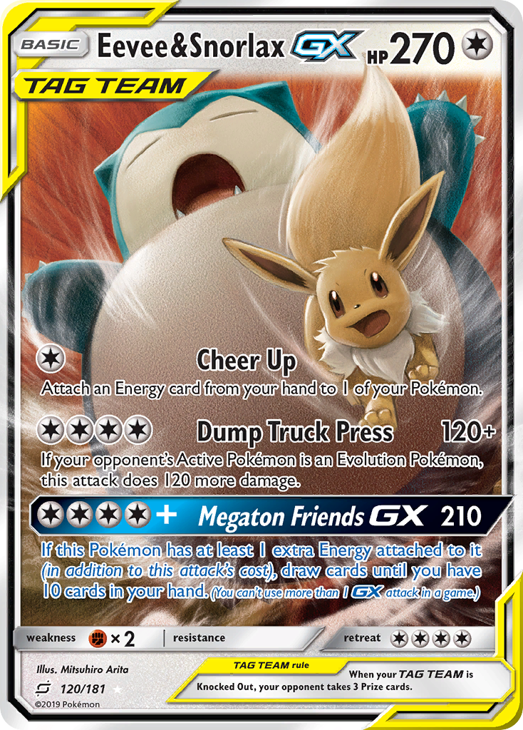 Eevee & Snorlax-GX 120/181 English Pokémon card from Team Up (2019)