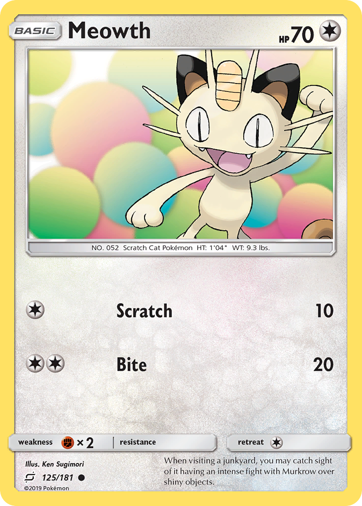 Meowth 125/181 English Pokémon card from Team Up (2019)