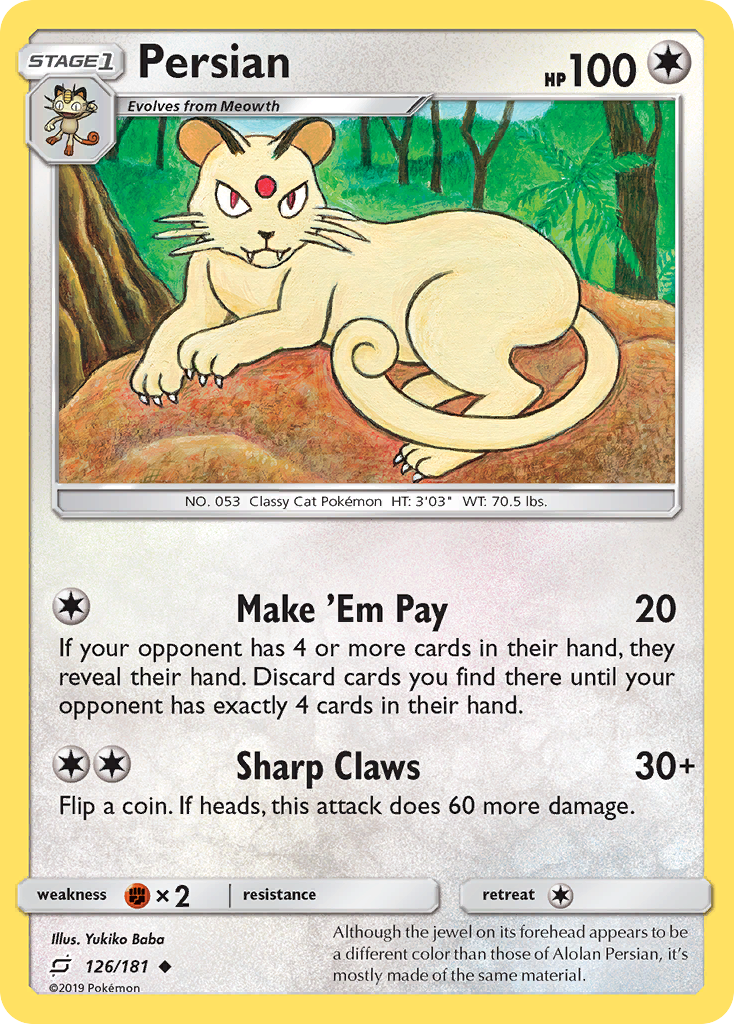 Persian 126/181 English Pokémon card from Team Up (2019)