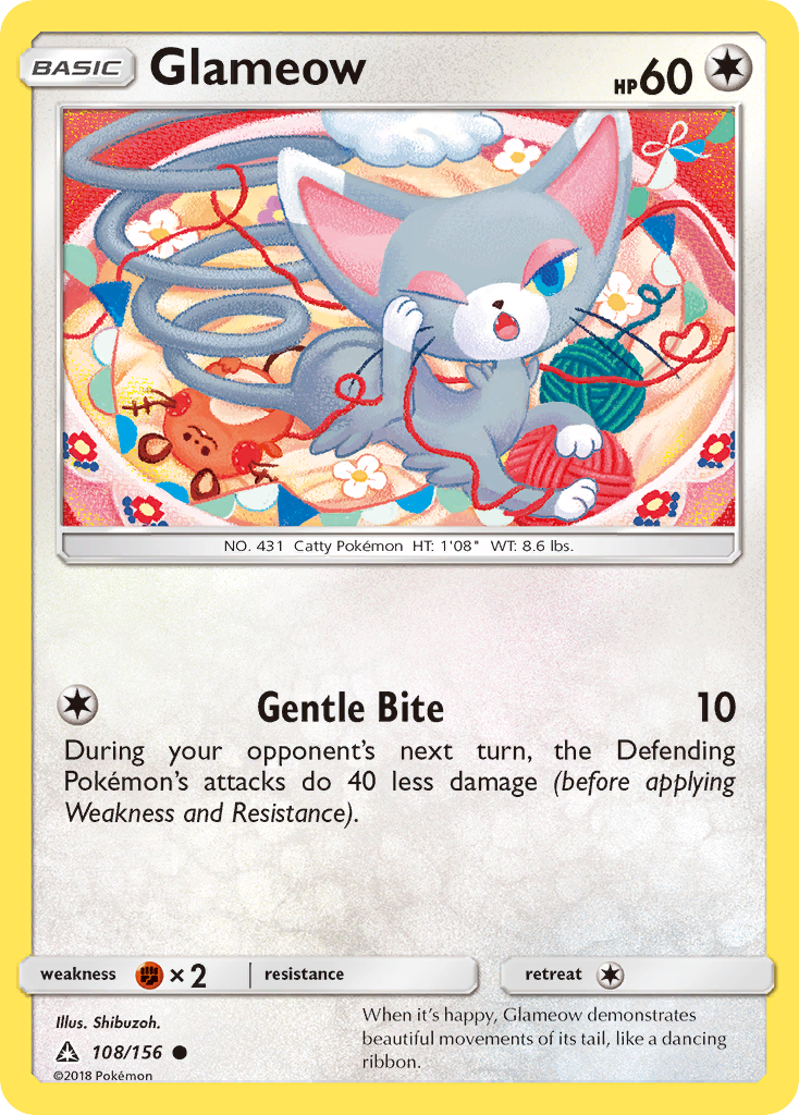 Glameow 108/156 English Pokémon card from Ultra Prism (2018)