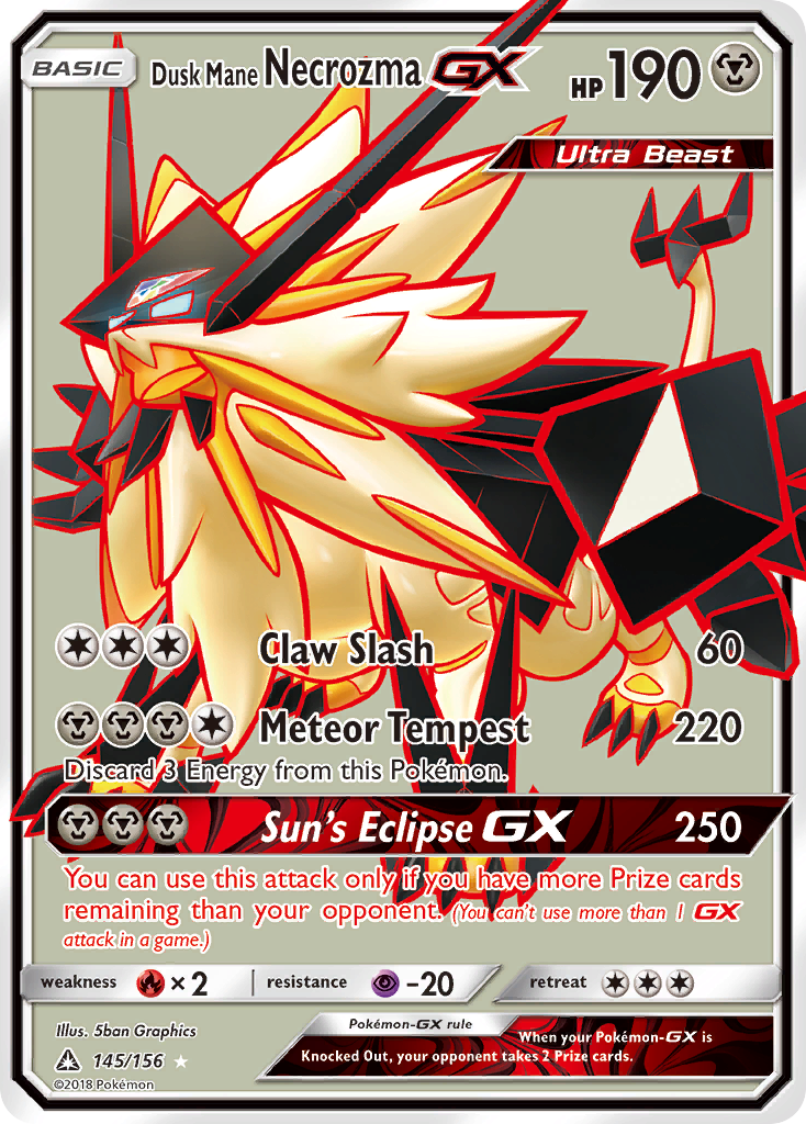 Dusk Mane Necrozma-GX 145/156 English Pokémon card from Ultra Prism (2018)