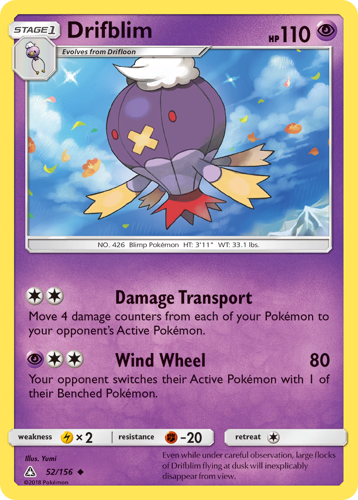 Drifblim 52/156 English Pokémon card from Ultra Prism (2018)