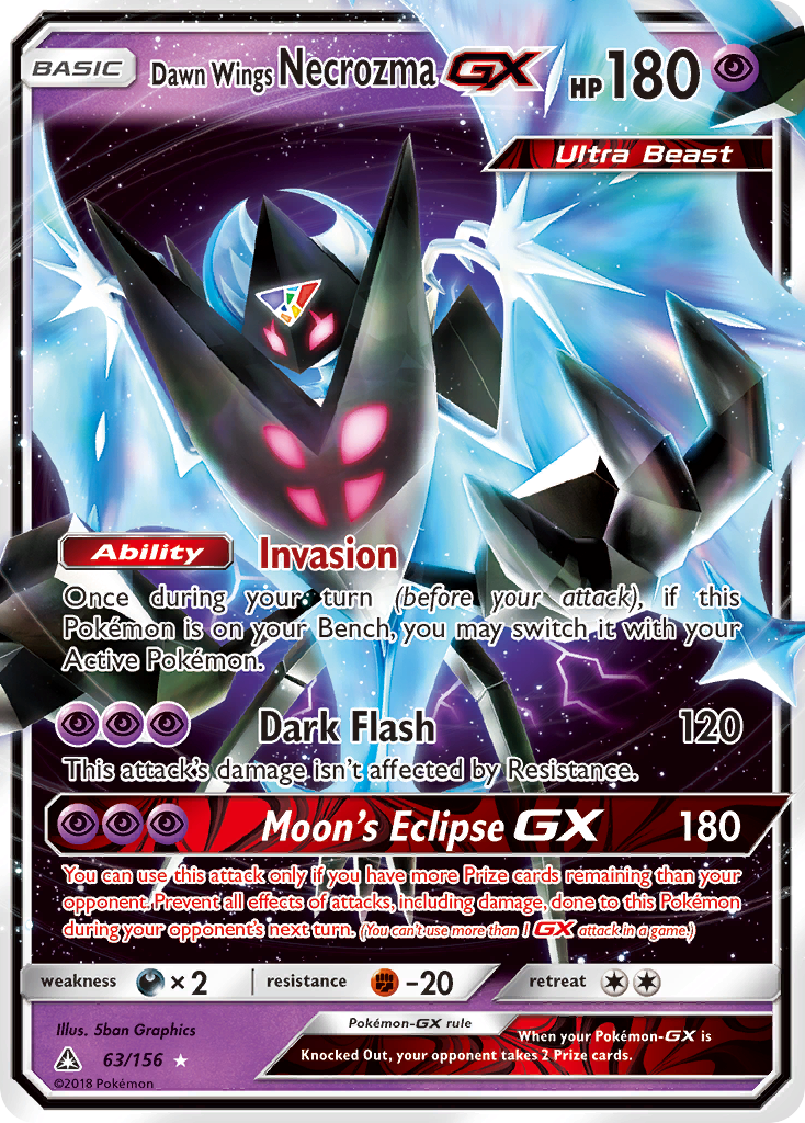 Dawn Wings Necrozma-GX 63/156 English Pokémon card from Ultra Prism (2018)