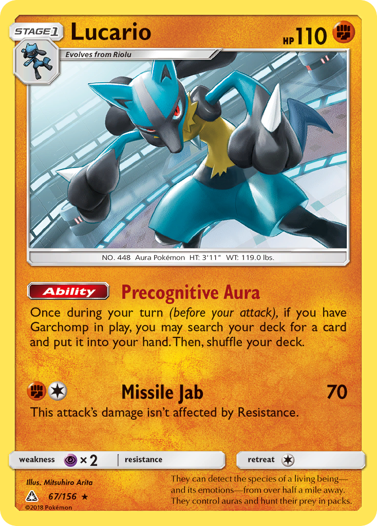 Lucario 67/156 English Pokémon card from Ultra Prism (2018)