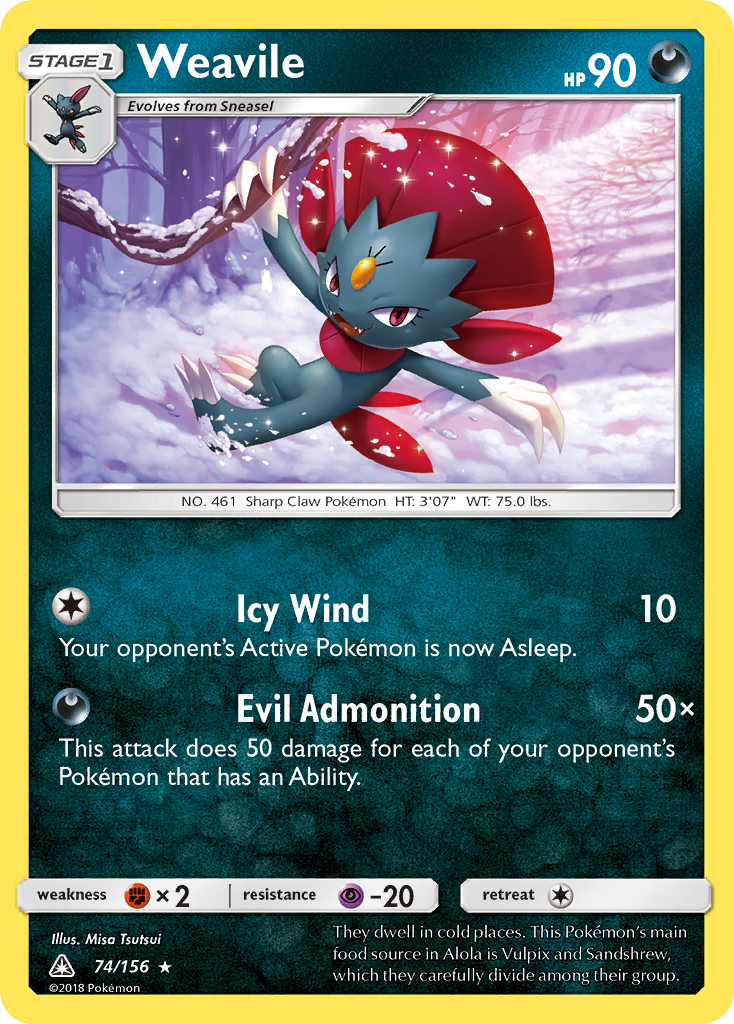 Weavile 74/156 English Pokémon card from Ultra Prism (2018)