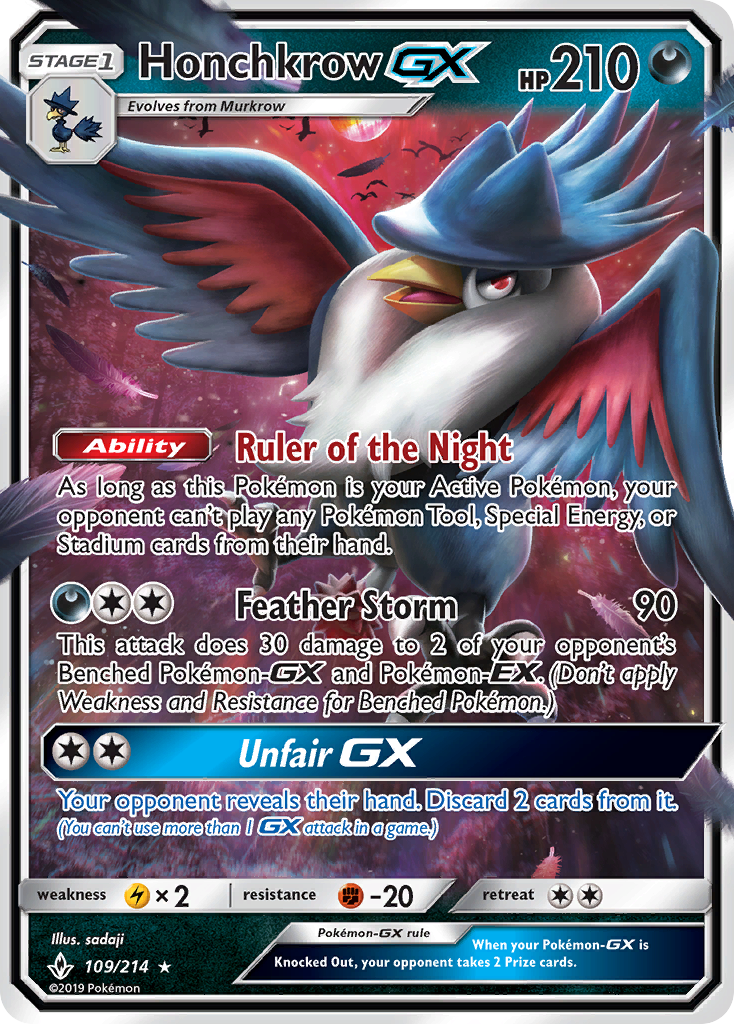 Honchkrow-GX 109/214 English Pokémon card from Unbroken Bonds (2019)