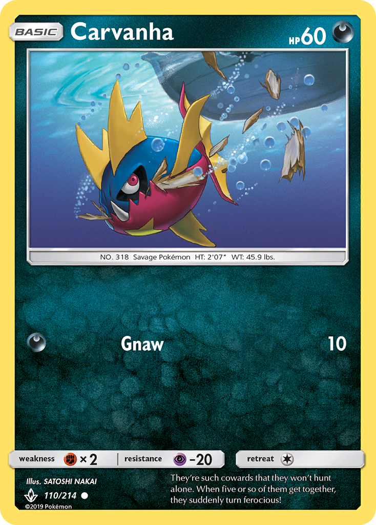 Carvanha 110/214 English Pokémon card from Unbroken Bonds (2019)