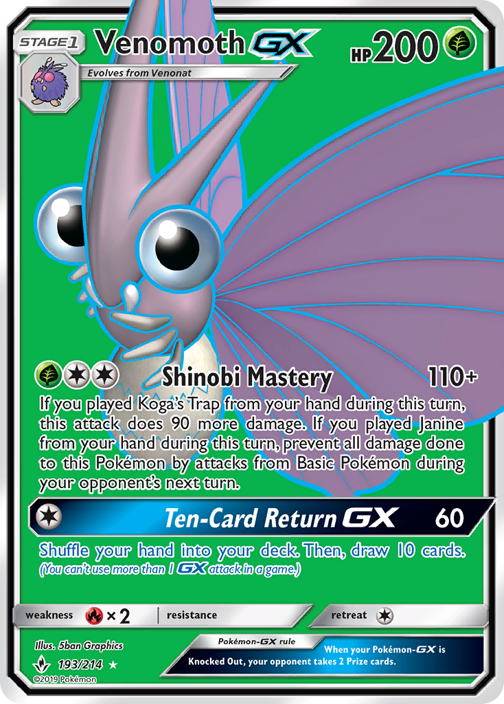 Venomoth-GX 193/214 English Pokémon card from Unbroken Bonds (2019)