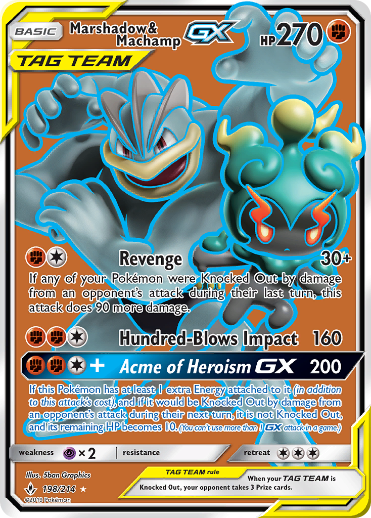 Marshadow & Machamp-GX 198/214 English Pokémon card from Unbroken Bonds (2019)