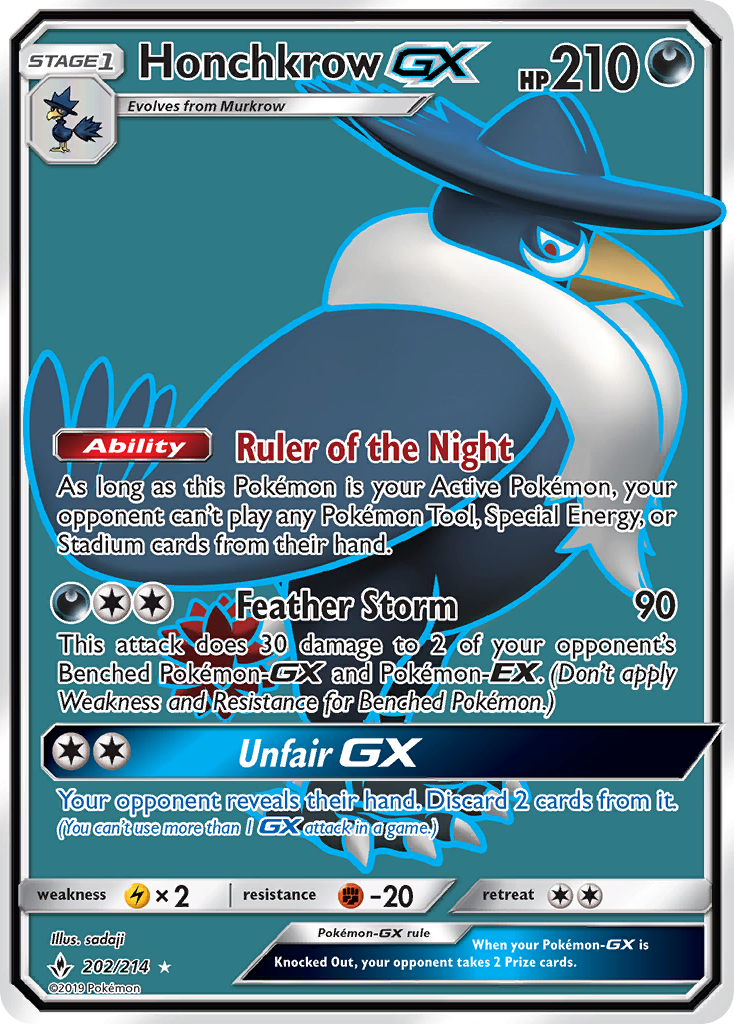 Honchkrow-GX 202/214 English Pokémon card from Unbroken Bonds (2019)