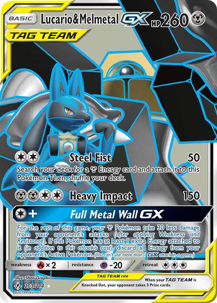 Lucario & Melmetal-GX 203/214 English Pokémon card from Unbroken Bonds (2019)