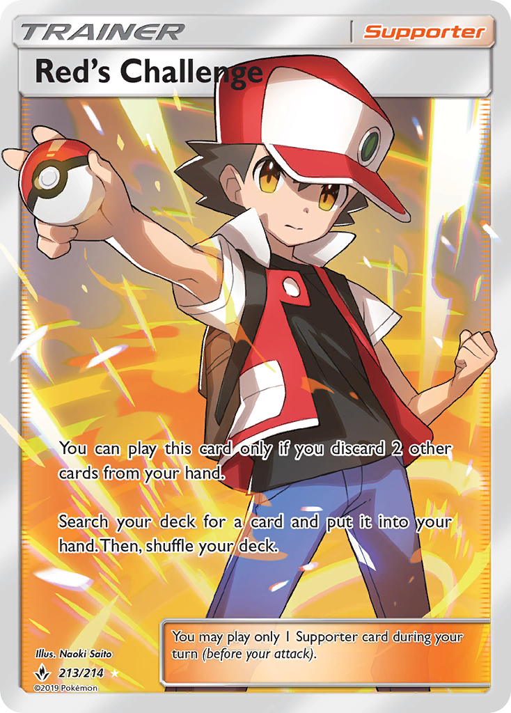 Red's Challenge 213/214 English Pokémon card from Unbroken Bonds (2019)