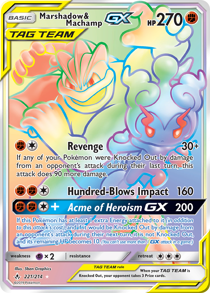Marshadow & Machamp-GX 221/214 English Pokémon card from Unbroken Bonds (2019)