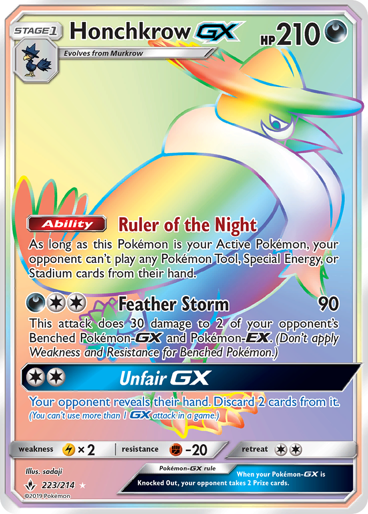 Honchkrow-GX 223/214 English Pokémon card from Unbroken Bonds (2019)