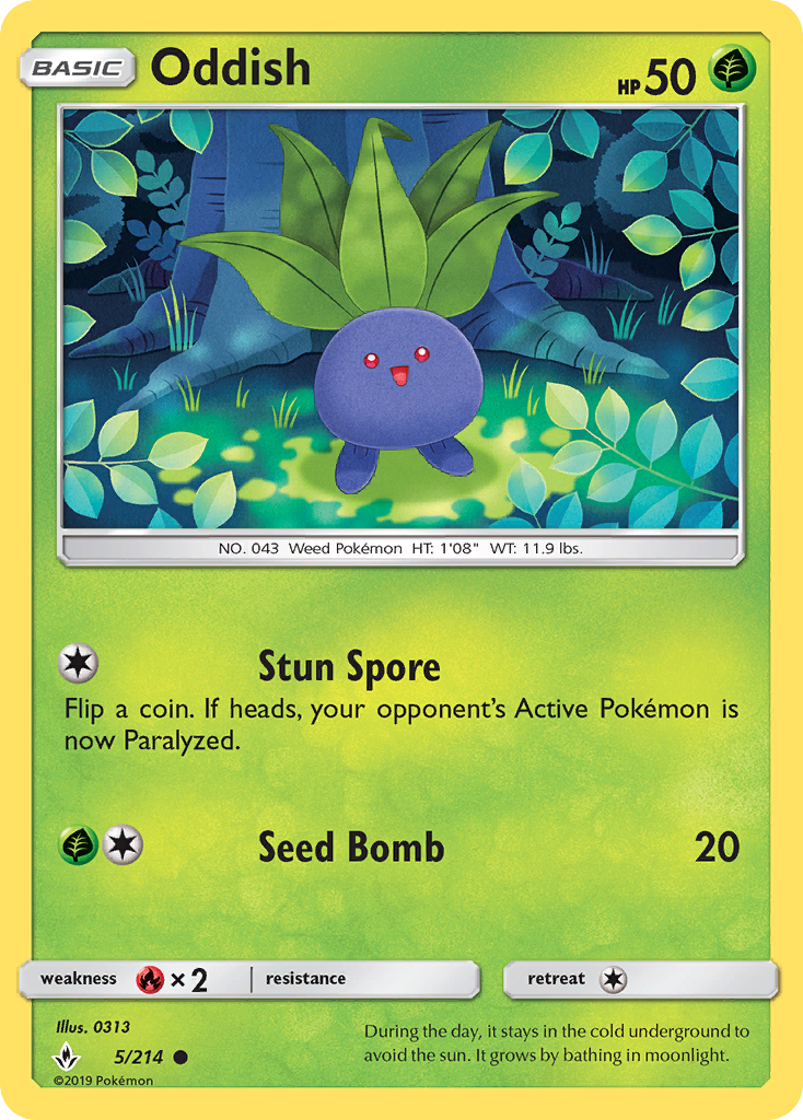 Oddish 5/214 English Pokémon card from Unbroken Bonds (2019)