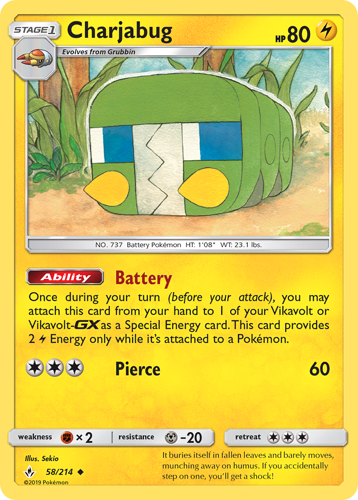 Charjabug 58/214 English Pokémon card from Unbroken Bonds (2019)
