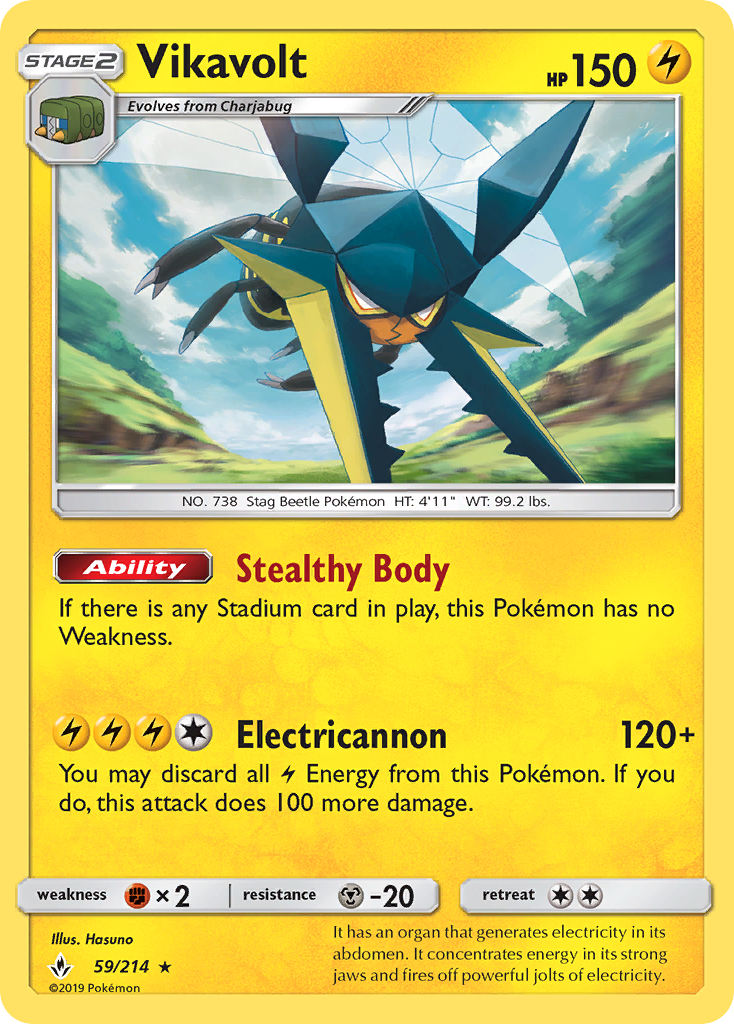 Vikavolt 59/214 English Pokémon card from Unbroken Bonds (2019)