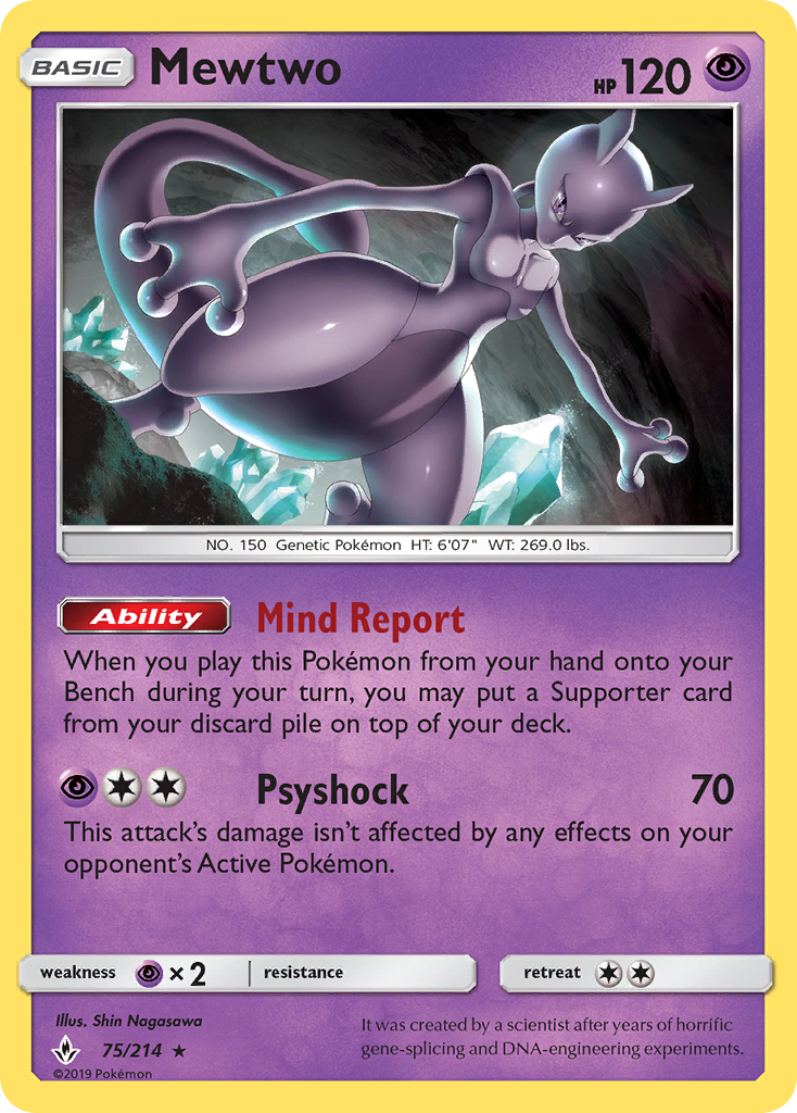 Mewtwo 75/214 English Pokémon card from Unbroken Bonds (2019)