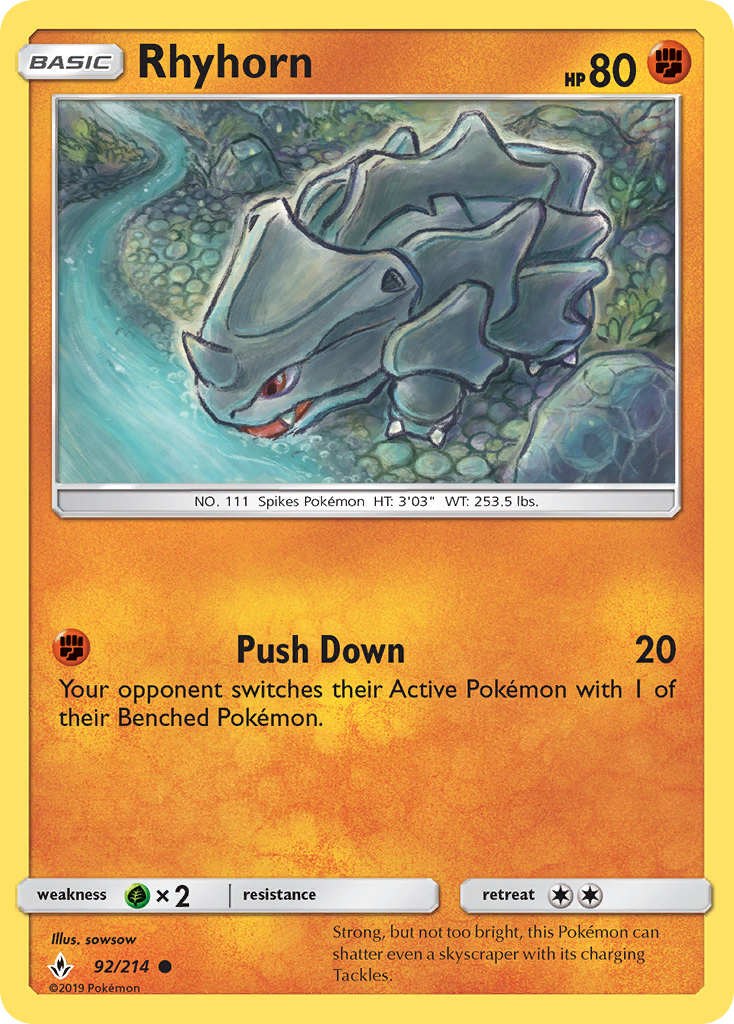 Rhyhorn 92/214 English Pokémon card from Unbroken Bonds (2019)