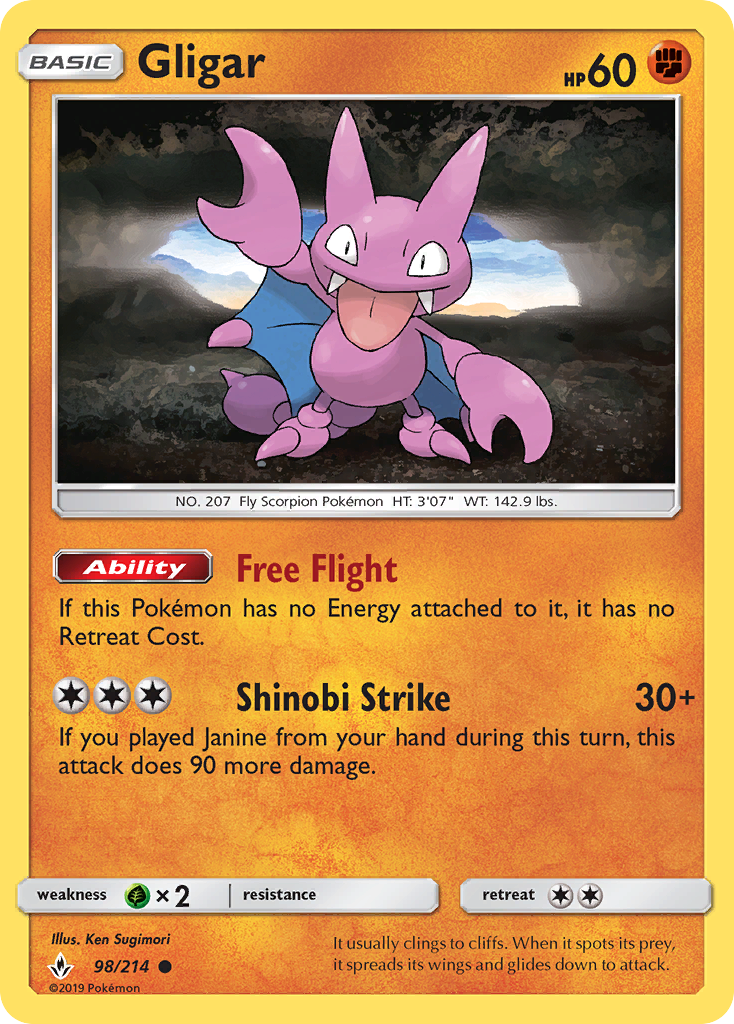 Gligar 98/214 English Pokémon card from Unbroken Bonds (2019)